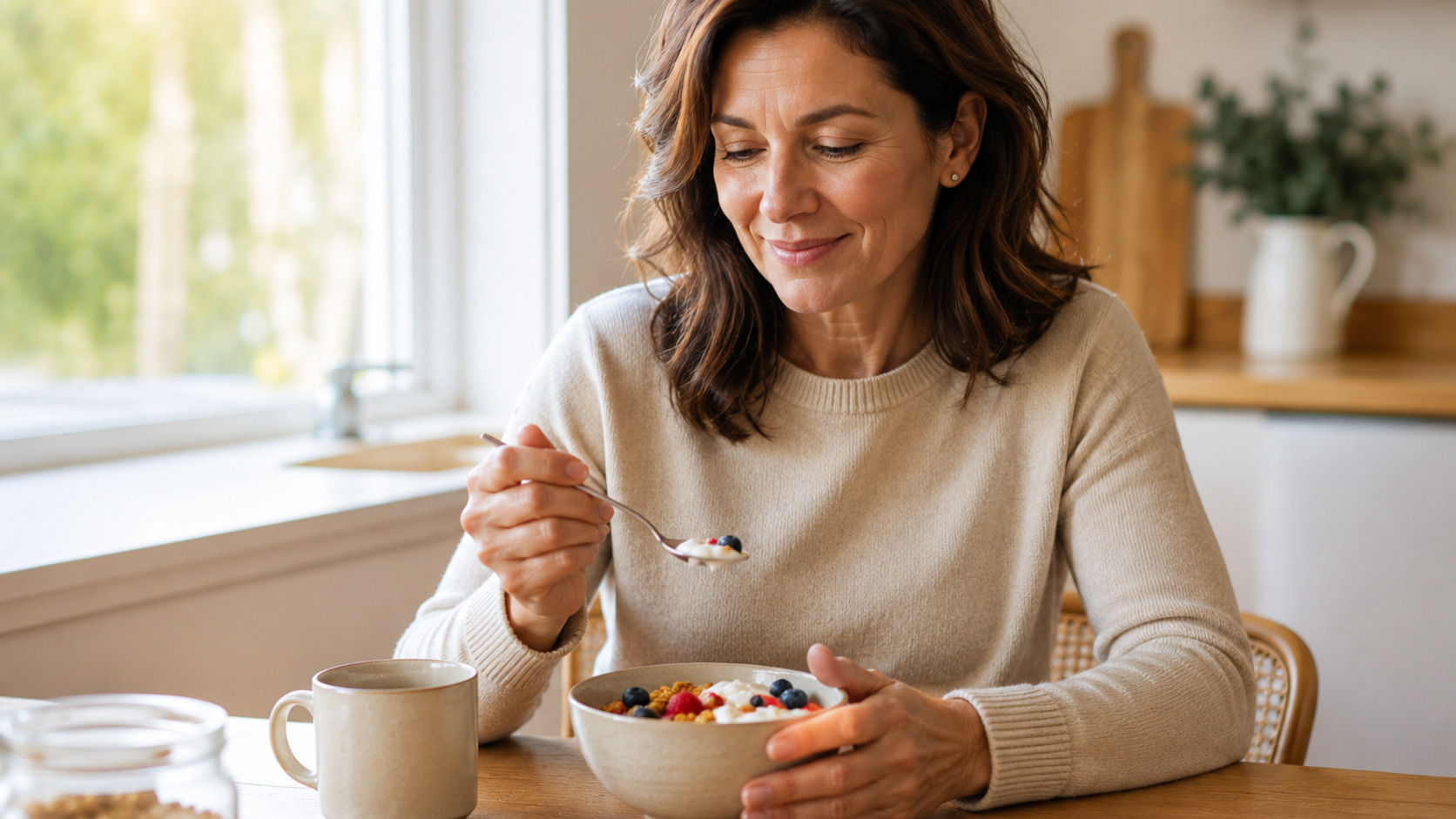 Woman enjoying a healthy breakfast with yogurt and berries at home
